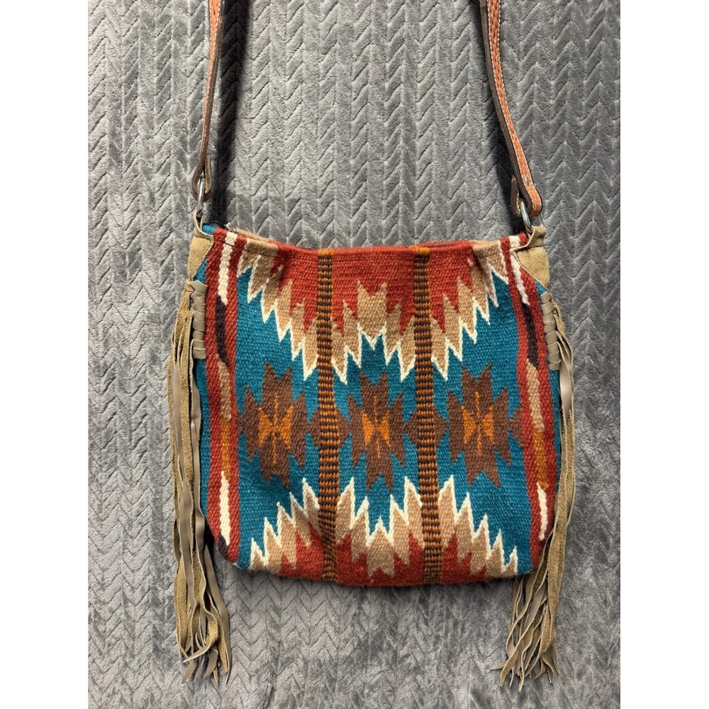 Handmade Wool Saddle Blanket Kilim Tote‎ Bag Large Boho Fringe Tooled Strap